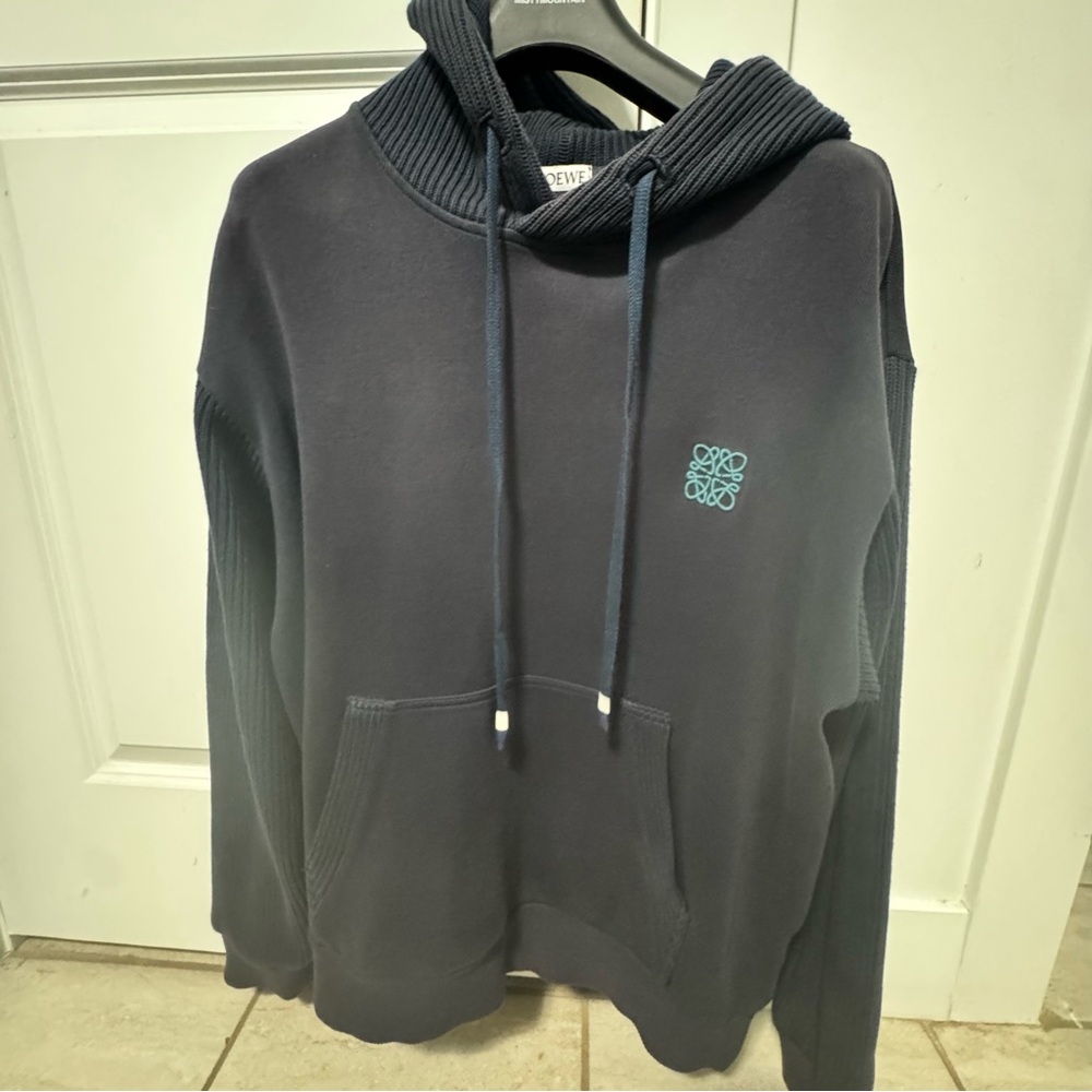 Loewe Dark Navy Pullover Hoodie with Teal Logo - Men